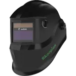 Viseira de soldadura Weltek Skorpion preta com visor automático e ajuste lateral, vista de perfil.