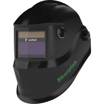 Viseira de soldadura Weltek Skorpion preta com visor automático e ajuste lateral, vista de perfil.