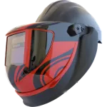 Capacete de soldadura Navishock S4 com viseira automática e grafismos vermelhos, visto de frente.