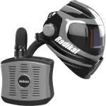 Viseira de soldadura Radikal Airkos com unidade de ventilação e tubo de ar, vista lateral.